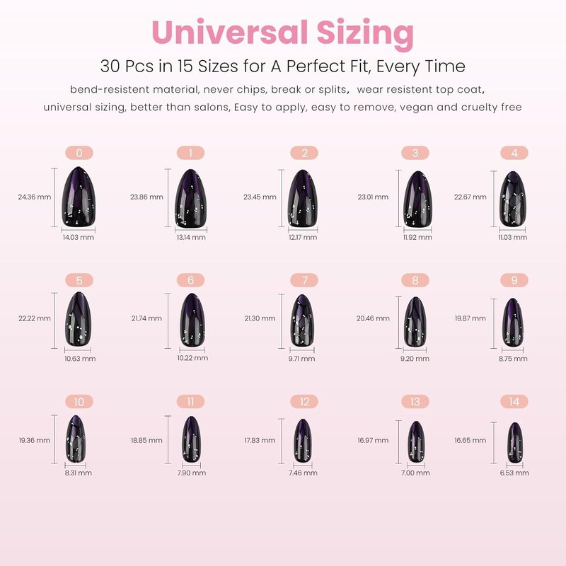 Press On Nails - Purple Mariposa Medium Almond Fake Nails | Glossy Finish with Cat Eye & Butterfly Wing - 30 Reusable Stick-On Nails in 15 Sizes