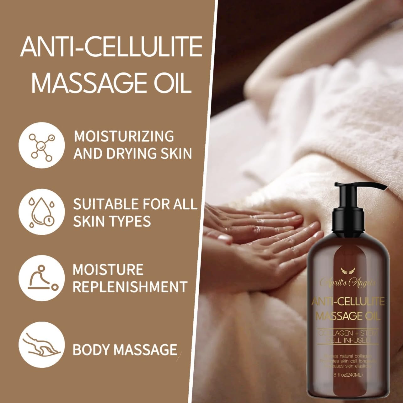 April's Angels Anti-Cellulite Massage Oil with Collagen & Stem Cell Infused. Skin Elasticity, Firmness, Deep Hydration. 8 fl oz