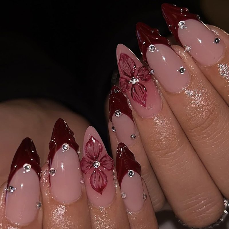 24Pcs Red Flower Press on Nails Medium Almond Fake Nails Summer Floral with Rhinestones Full Cover Acrylic Nails Glue on Nails Reusable Artificial French Tip False Nails for Women DIY Acrylic Nails