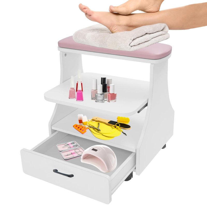 Rindaix Portable Pedicure Foot Rest with Wheels, Pedicure Stool, Trolley for Foot Bath, Spa Cart, Nail Stand, Manicure Furniture for Beauty Salon or Nail Tech Spa, Massage Station (Pink)