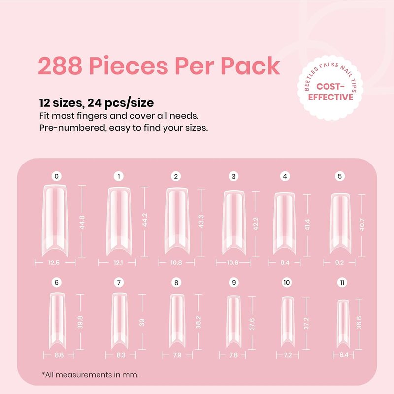 Beetles Gel Nail Tips - XXL Extra Long Square Acrylic Nails | 288 PCS, 12 Sizes, Clear Half Cover Tips