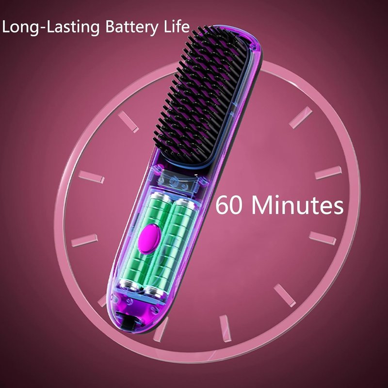 Go Brush Pro Hair Straightener, Cordless Ionic Comb with 6000mAh Battery, Fast Heating, Portable Travel Design, Rechargeable Straightening and Curling Brush, Black
