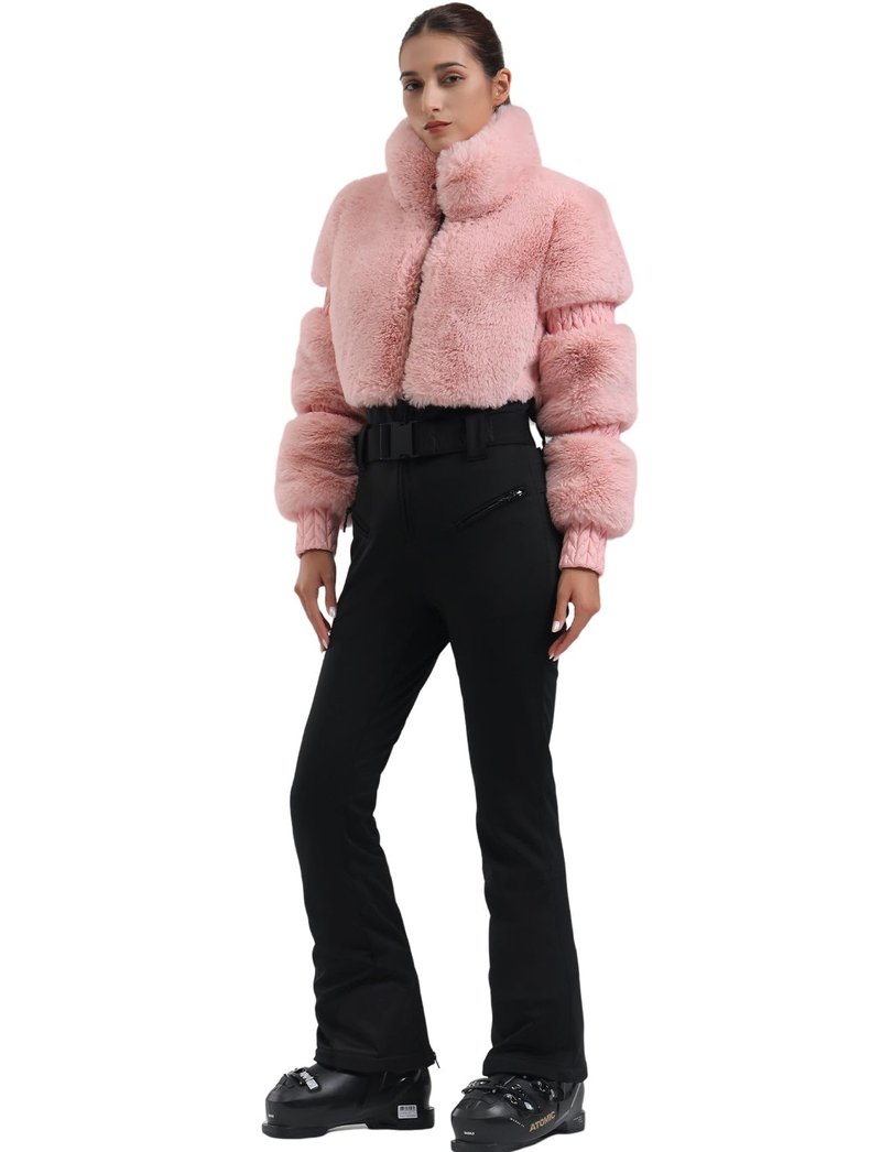 GSOU SNOW Women Ski Suit One Piece Snowsuit Snowboard Faux Fur Collar Slim Jumpsuit Jacket Insulated Windproof Outdoor Winter Pink S