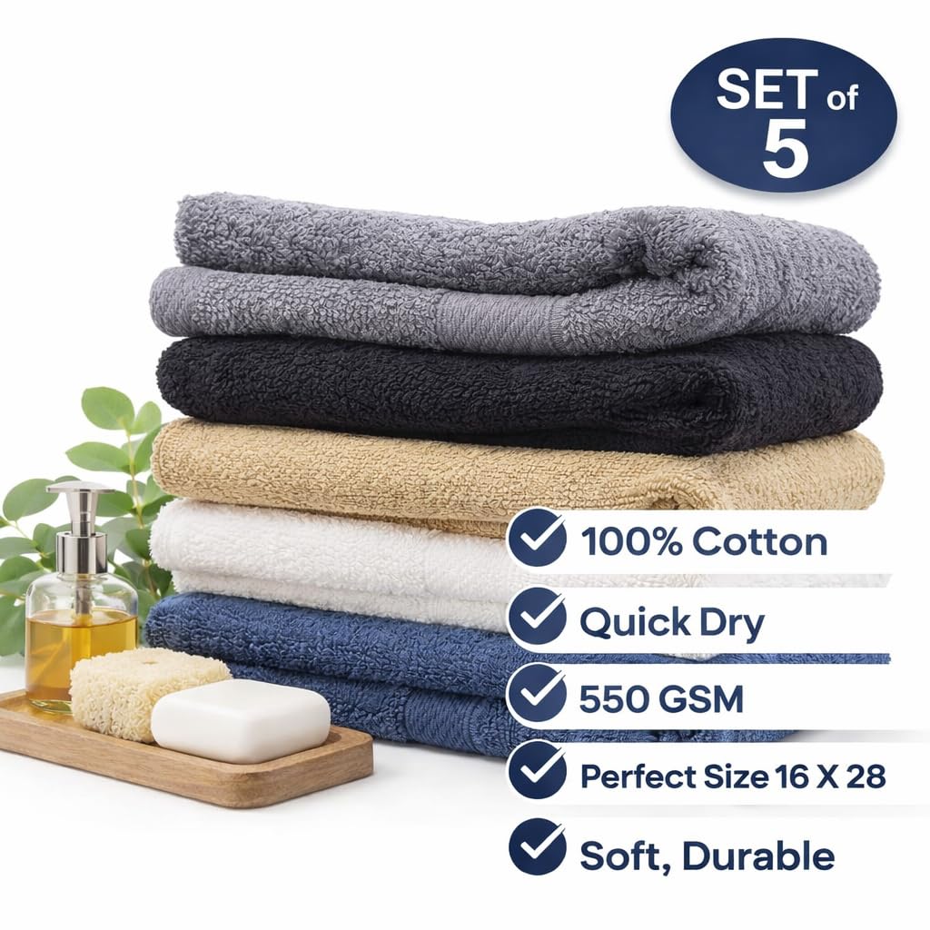 Mango Gifts 100% Cotton Hand Towels for Bathroom, Soft and Quick Dry Bath Towel for Face and Gym, Highly Absorbent Everyday Use, 550 GSM, 16 x 28 Inch, Pack of 5