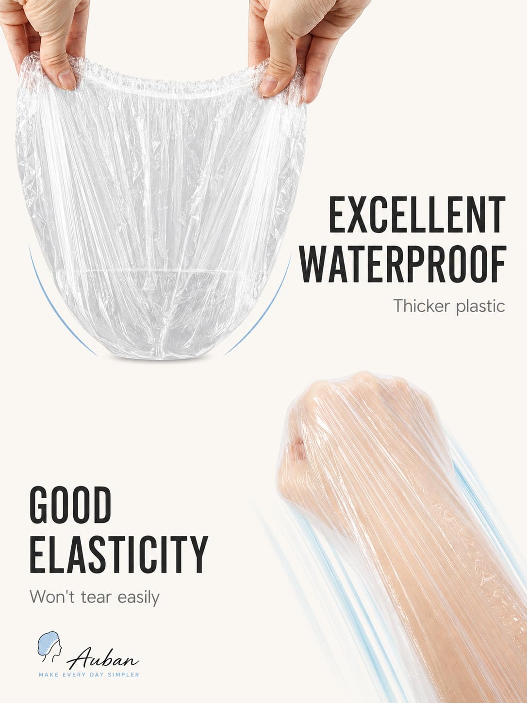 Auban 50 PCS Shower Cap Disposable,Bath Caps Larger Thick Clear Waterproof Plastic Elastic Hair Bath Caps For Women Hotel Travel Essentials Accessories Deep Conditioning Hair Care(19.3")