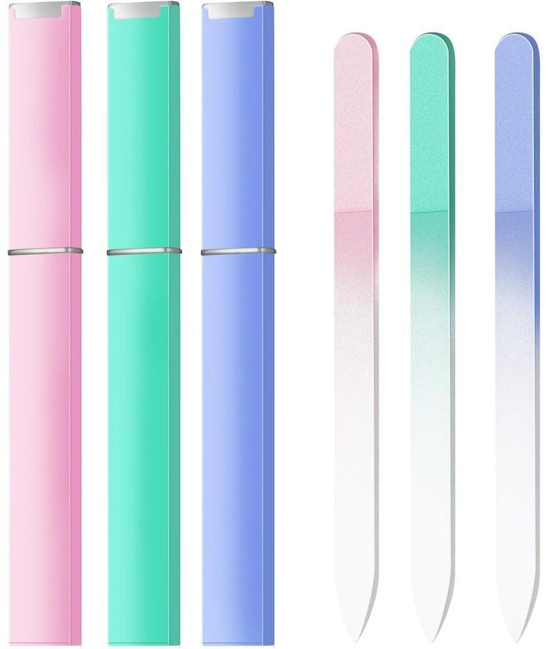 3 Pack Glass Nail Files for Natural Nail Professional Crystal Fingernail Files Double-Sided Etched Gentle Nail Care for Women Adults Pink,Green,Blue