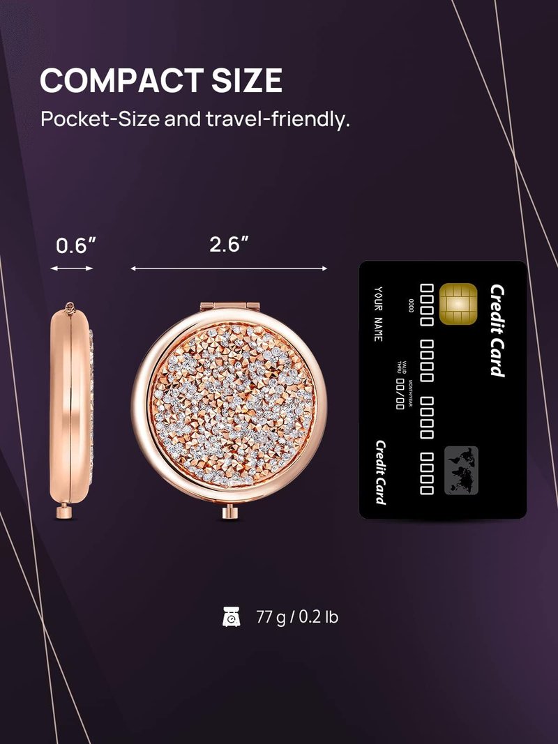 OMIRO 1X/10X Magnifying Compact Mirror, Mini Mix Diamond Metal Pocket Makeup Mirror (Rose Gold)