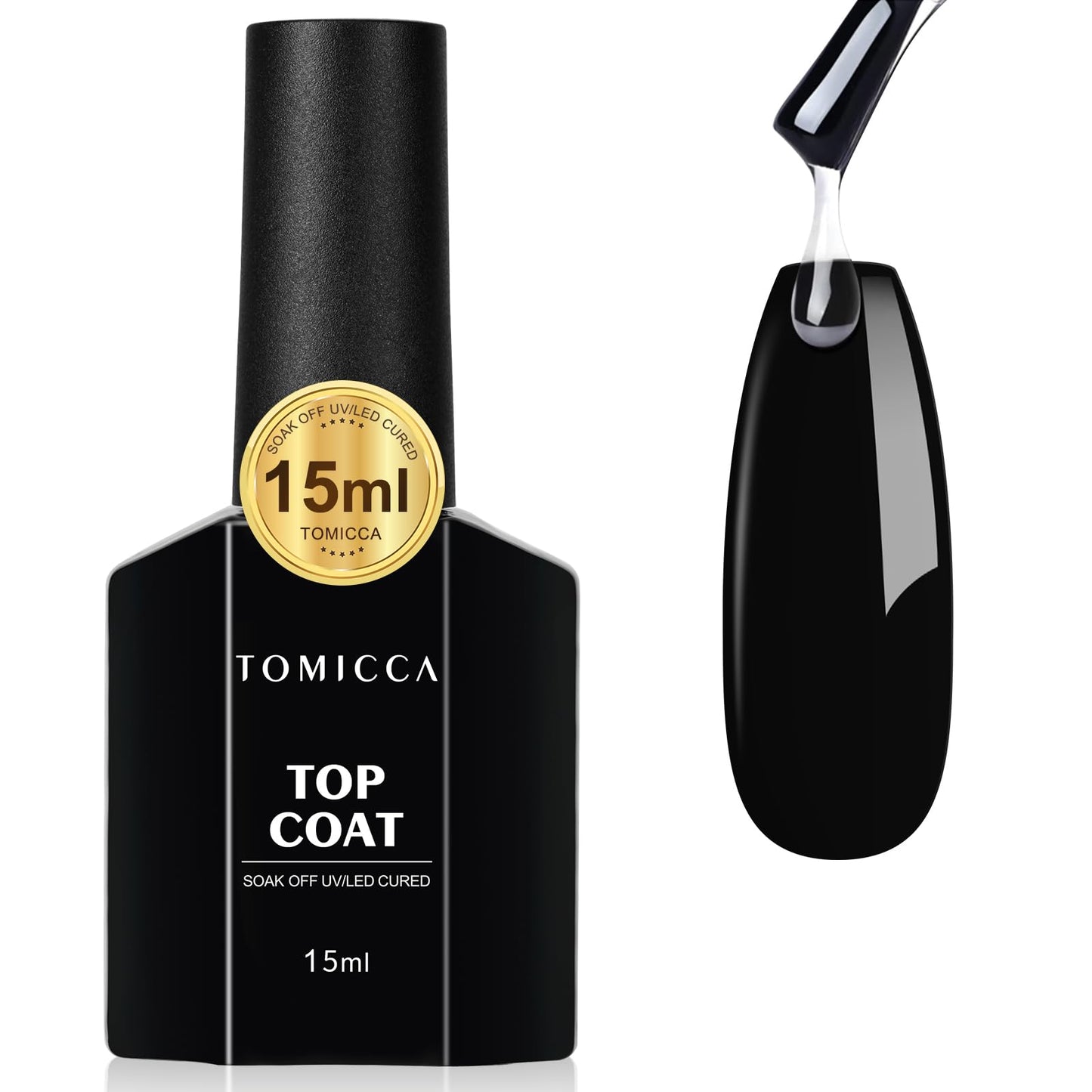 TOMICCA No Wipe Top Coat,15ml Crystal Glossy Gel Top Coat, Soak Off UV LED for Cure Long Lasting High Gloss Clear Top for Nails DIY Manicure Salon Gift for Woman