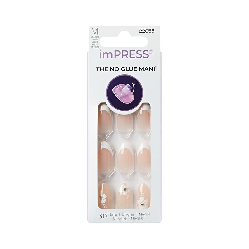 Kiss Impress No Glue Mani Press On Nails, Design, 'Buttercup Shine', White, Medium Size, Almond Shape, Includes 30 Nails, Prep Pad, Instructions Sheet, 1 Manicure Stick, 1 Mini File