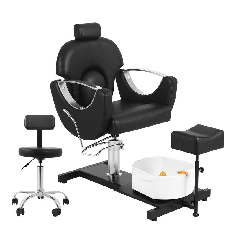 360° Swivel Pedicure Chair - Hydraulic Adjustable Height with Stool & Massage Foot Bath | Black & Silver