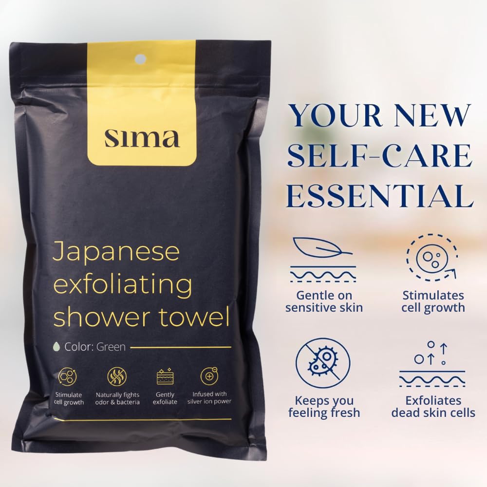 Sima Brand Exfoliating Washcloth Face & Body Scrub Towel - Japanese Exfoliating Towel with Hexagon Fibers, Body Scrubber with 2 Sides for Scrubbing & Washing, Extra Long Towels (White, 3 Pack)