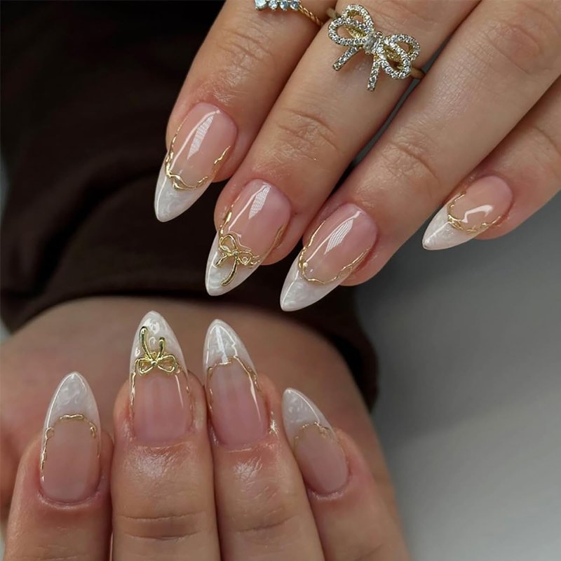 24Pcs White French Tip Press on Nails Medium Almond Fake Nails with 3D Bow Design Gold Line Artificial Stick on Nails Cute False Nails French Full Cover Glue on Nails for Women Manicure Salon Kits