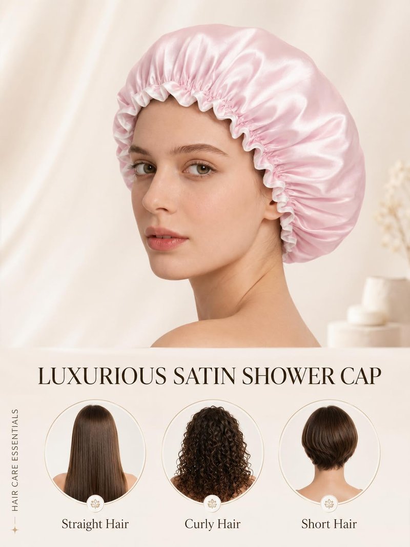 Aquior Shower Cap for Women, Waterproof Reusable Hair Cap with Soft Elastic, Large Size for Long Hair, Cute Pink Bath Cap for Shower, Skincare, Cooking, Spa and Travel Use