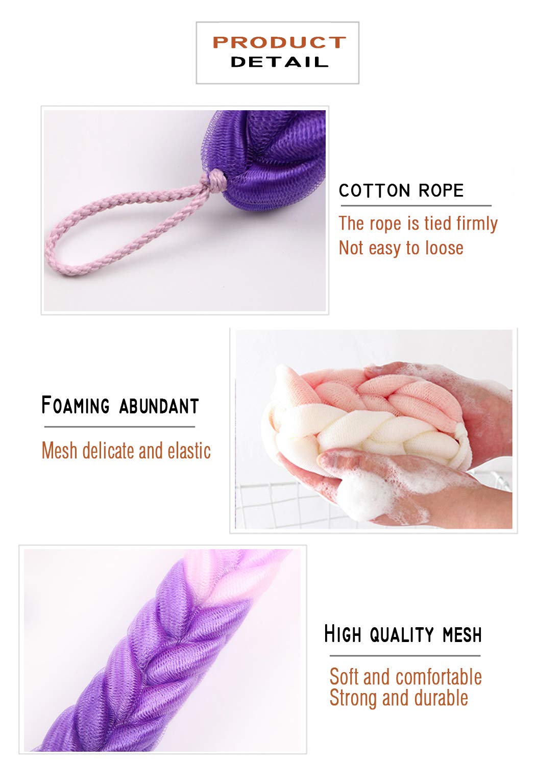 AARainbow 4 Packs Long Stretch Back Sponge with Rope Handles Back Scrubber Body Sponges for Bathing, Bath Shower Mesh Sponge Body Deep Cleaning for Men & Women (H-Gradient Color)