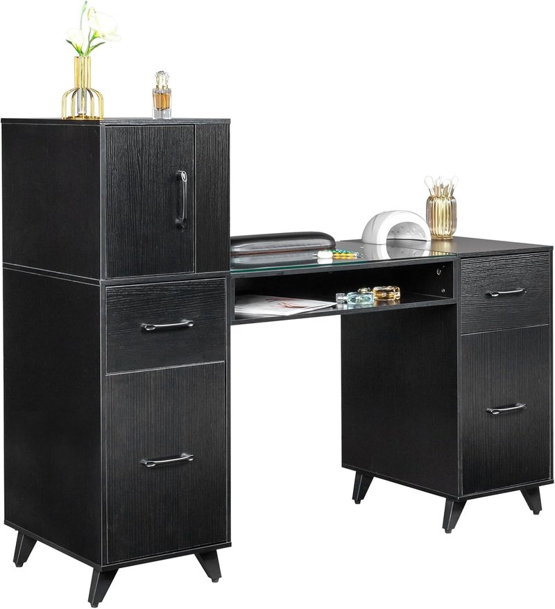 Skiennix Manicure Table - Elegant Nail Makeup Desk with Glass Top & Storage Solutions | Beauty Salon Workstation