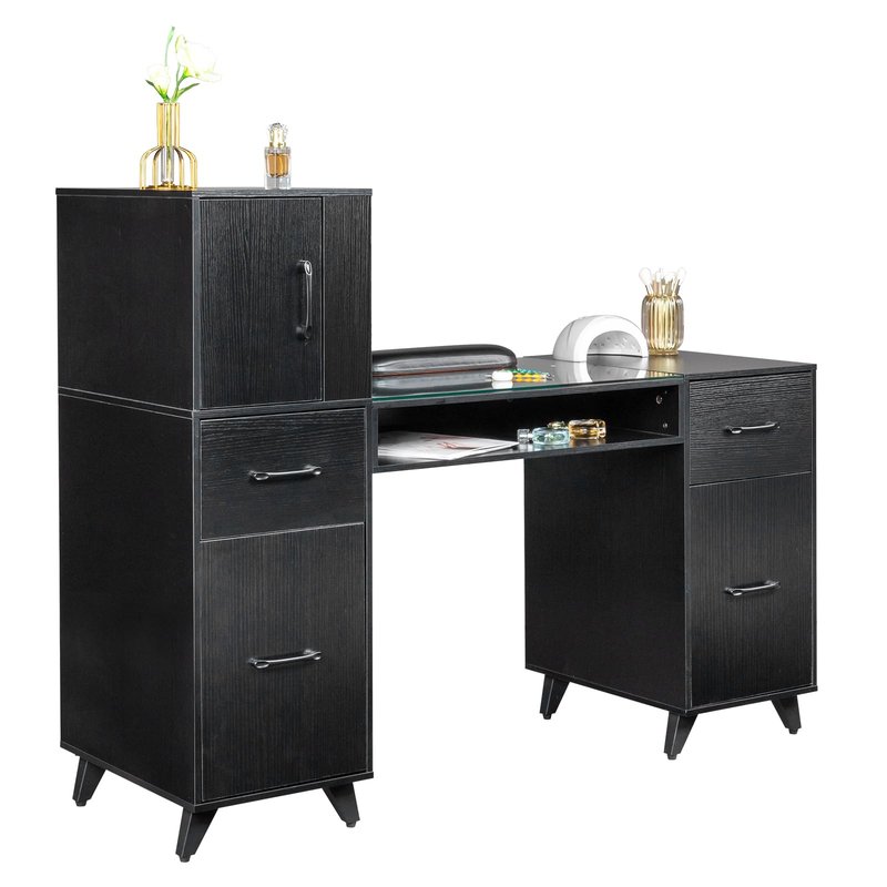 JLBVI Manicure Table, Nail Makeup Desk with Glass Top, Wrist Rest, Beauty Salon Workstation for Spa Beauty Salon w/ 3 Side Cabinets+2 Removable Shelves+2 Drawers+3 Layers Open Cabinet+1 Open Drawer