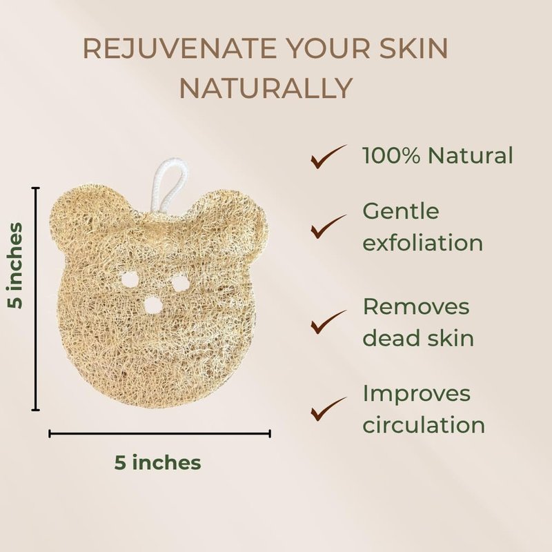 Natural Bear Shape Loofah Sponge, Exfoliating Body Scrubbers (2 Pack), Biodegradable Bath Loofahs Sponge, Gentle, Chemical-Free Bath & Body Loofah for Women, Men and Kids, Made with Natural Loofah