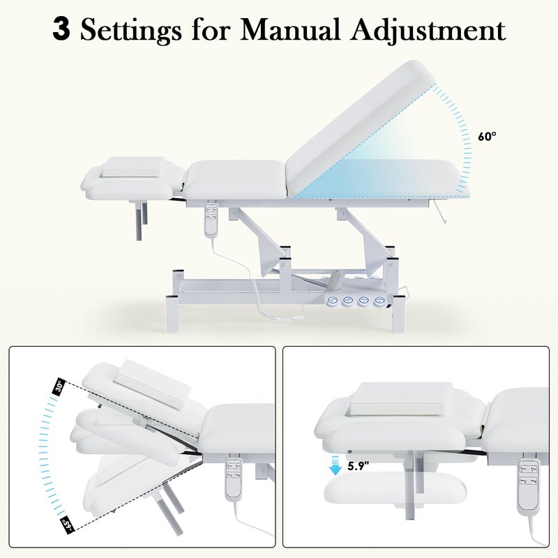2-Motor Electric Massage Treatment Table w/ Wheels, 3-Section Angle & Height Adjustable, Professional Spa Esthetician Bed for Facial, Tattoo, Waxing, Physical Therapy & Medical Exam Table w/ Stool