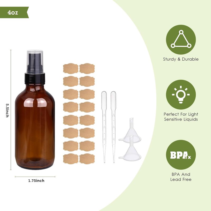 Amber Glass Spray Bottles - 4oz Fine Mist Refillable Containers | Set of 24 for Oil, Perfume, Body Sprays