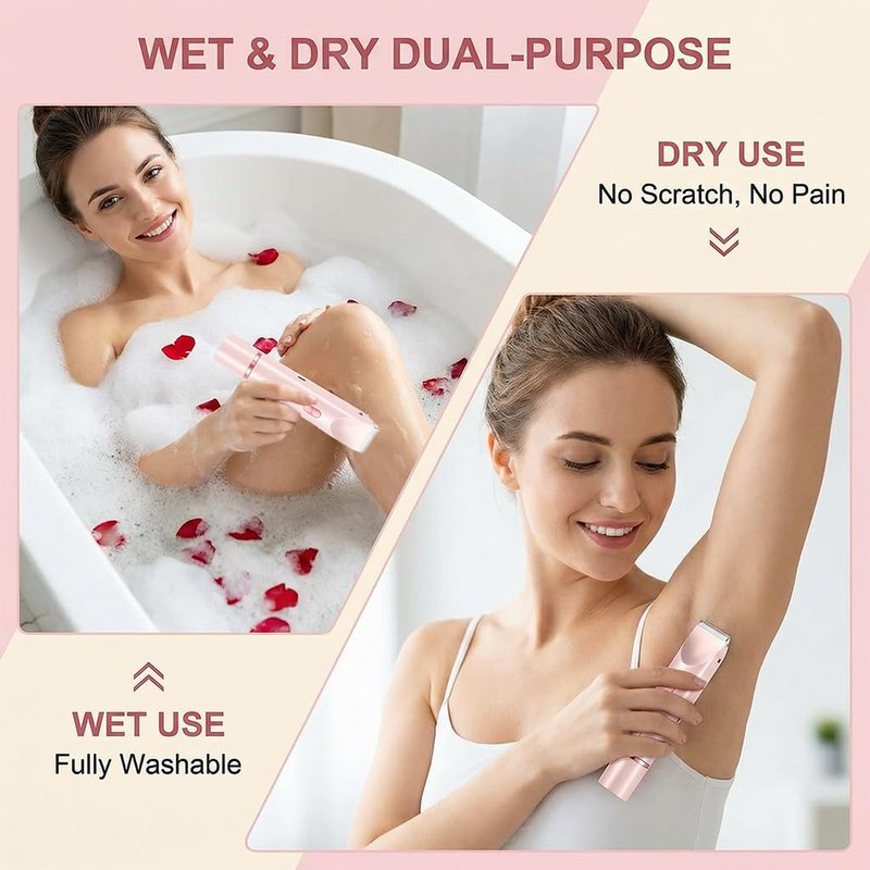 Bikini Trimmer for Women-2 in 1 Dual Head Bikini Shaver & Body Shaver,IPX7 Cordless & Waterproof Electric Shaver Wet & Dry Use,Painless Hair Removal,Ceramic Blade, Ultra Low Silent(Pink)