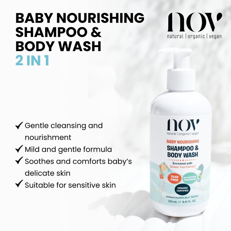 NOV natural organic vegan Baby Shampoo & Body Wash | Tear-Free, Plant-Based Formula for Gentle Cleansing, Nurturing, and Ethical Care, Free from Harmful Chemicals