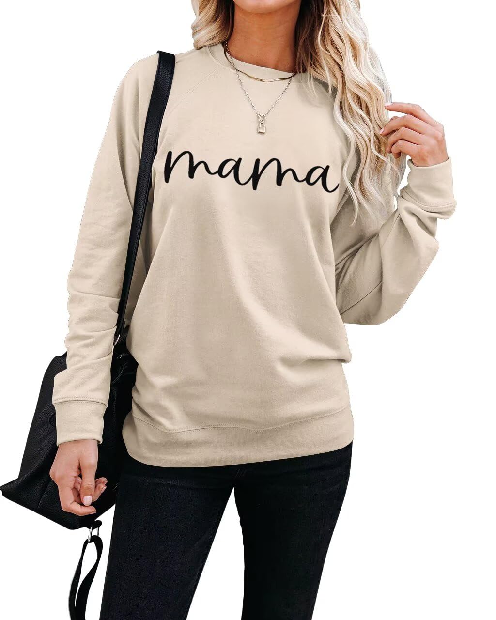 LEEDYA Mama Sweatshirts for Women Embroidered Mama Shirt Oversized Mom Crewneck Pullover Hoodies Long Sleeve Apricot L