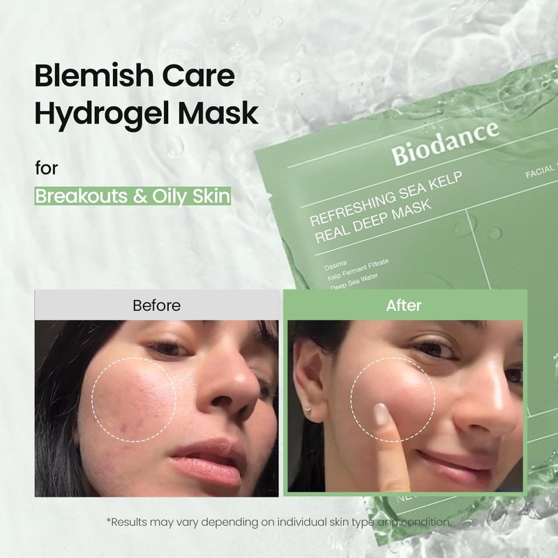 BIODANCE Refreshing Sea kelp Real Deep Mask, Overnight Hydrogel Face Mask, Calming, Oil & Sebum Control, Blemish Care, After Sun Care, Sunburn Relief, Korean Skin Care | 1.19oz(34g) x 4ea
