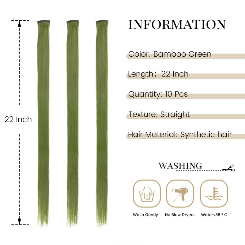 Skiennix 22-Inch Bamboo Green Clip-In Hair Extensions - 10 Pcs Straight Synthetic Hairpieces for Women