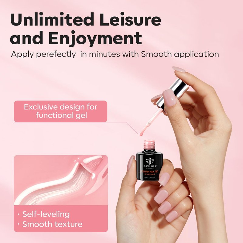 modelones Base Coat Builder Nail Gel, 2 Pcs Clear and Rose Nude Pink Builder Nail Polish for Thickening Apex Building 8-in-One Rubber Color Base Polish Extend Gel LED Lamp Cured 10 ml DIY Salon