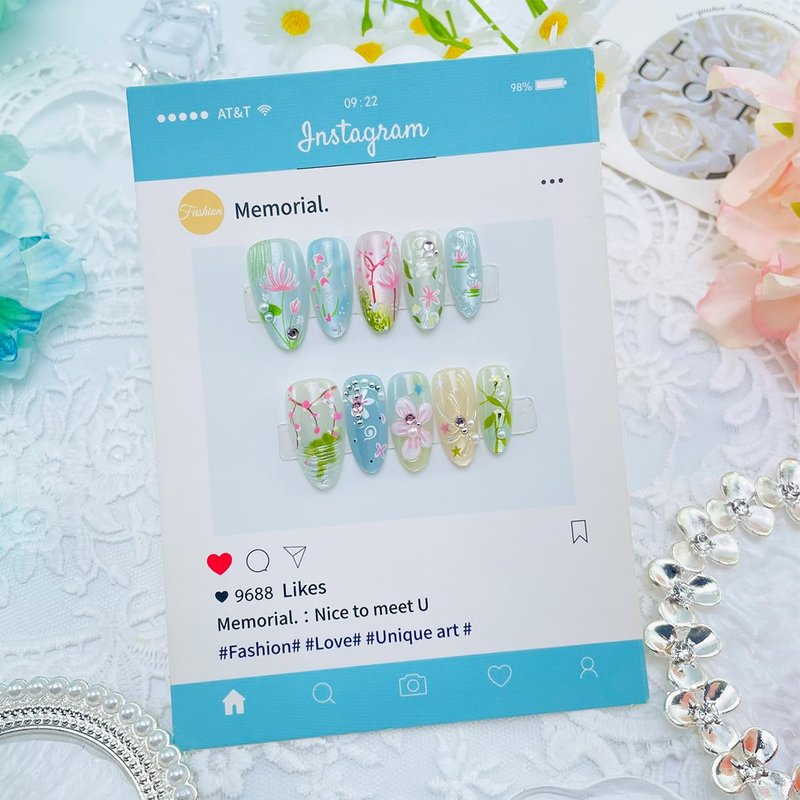 NEWSPIED Medium Almond Press on Nails Spring Summer Floral Fake Nails with Pearl Rhinestone 3D Flower Design Blue Pink Glossy Reusable False Nails Cute Handmade Stick on Nails for Women Manicure 30Pcs