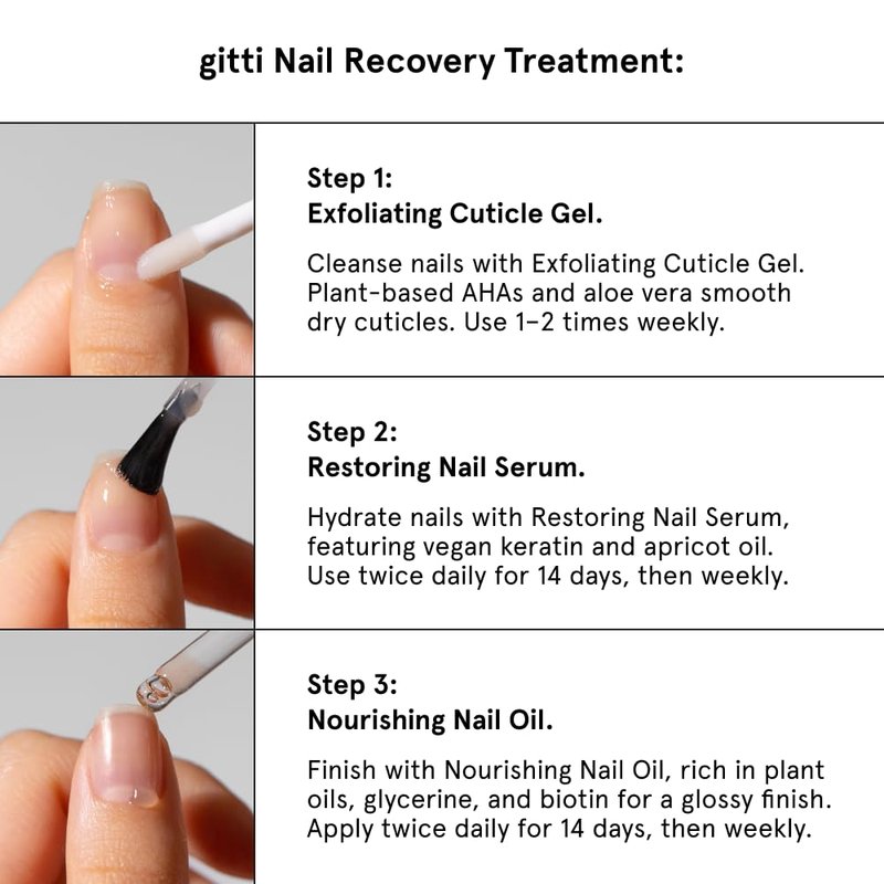 gitti Nail Recovery Treatment l Gift Set I Restoring Nail Serum, Nourishing Nail Oil, and Exfoliating Cuticle Gel I Plant-based, Non-Toxic, 30-Free, Natural Ingredients, Cruelty-Free, Vegan, Pack of 3