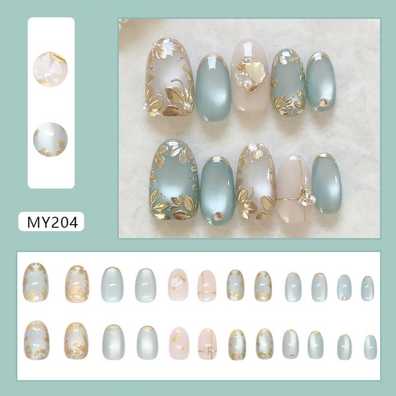 Flower Press-On Nails - 24 Pcs Short Almond Design with 3D Pearls & Gold Glitter | Spring/Summer Full Cover