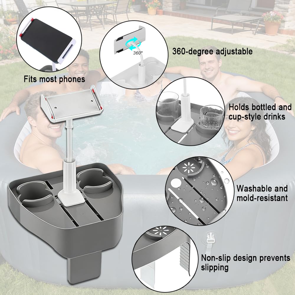 GSZEPSEX Hot Tub Table Tray with Adjustable Phone Holder, Bathtub Table Tray, Hot Tub Accessories for Inflatable Tub and Pool