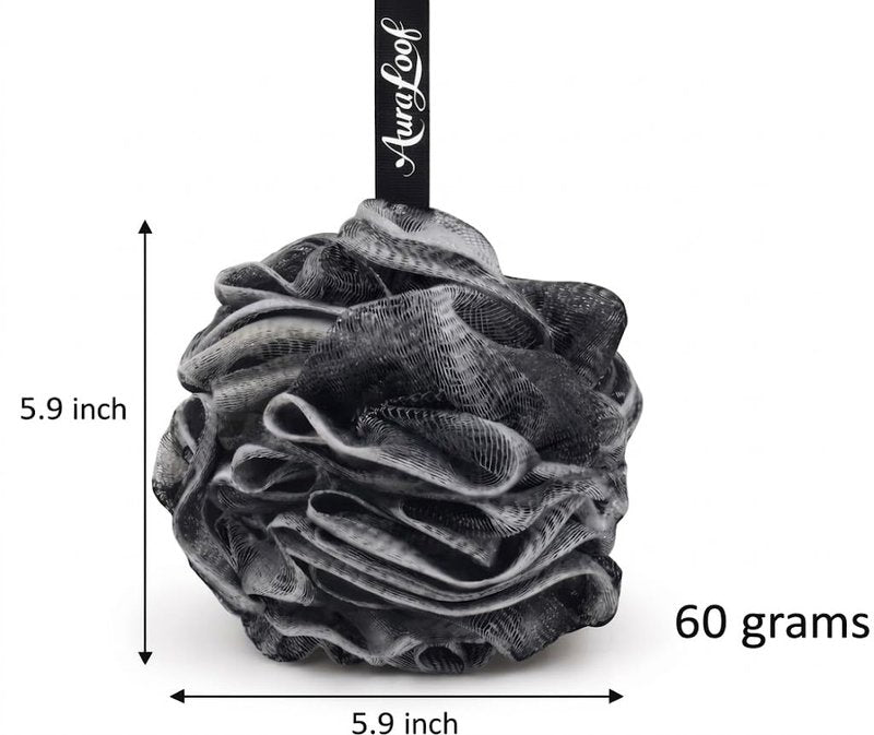 Charcoal Shower Loofah 60g - Extra Soft Bath Sponge with Hanging Ribbon, Durable Mesh Body Scrubber for Men & Women