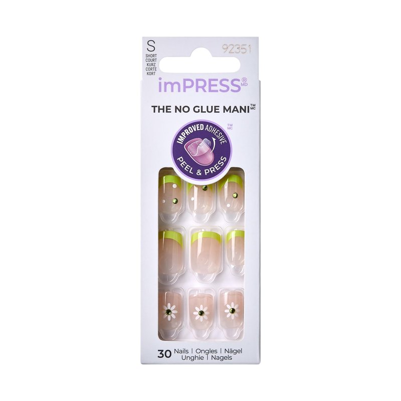 KISS Impress No Glue Mani 30 Pcs Press on Nails, Green French Tip with Flower Design, Squoval Shape, Simple Peel & Press Easy Apply, Hassle-Free Removal, Essential Tools Included