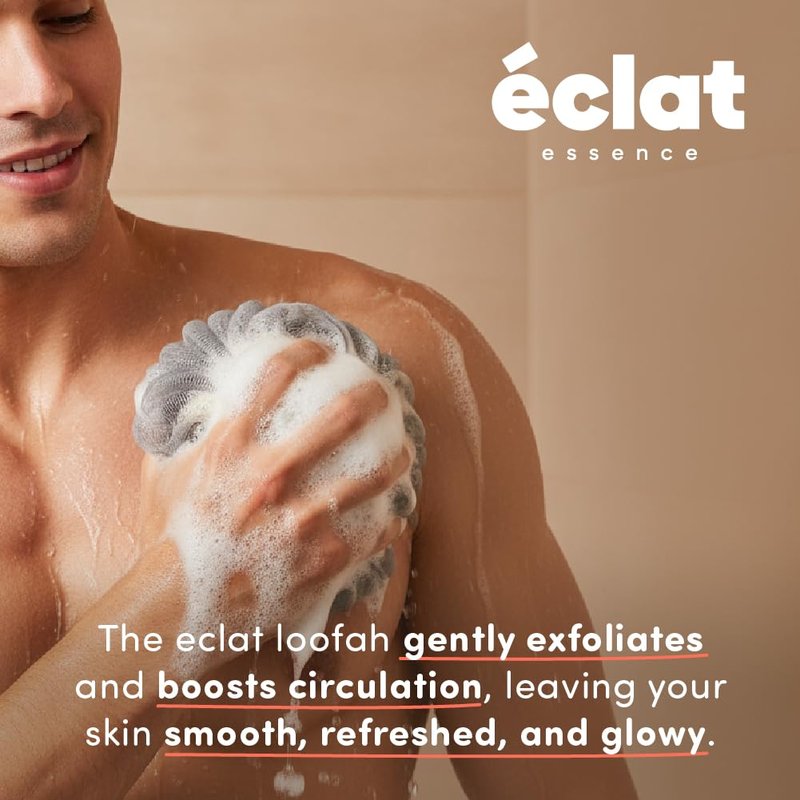 Éclat Mesh Bath Sponge Loofah Ball, Soft Exfoliating Body Scrubber for Wash, Rich-Lather Nylon Net Puff with Quick-Dry Hanging Loop, Gentle Daily Cleanser (Orange/Grey, 2Pcs)