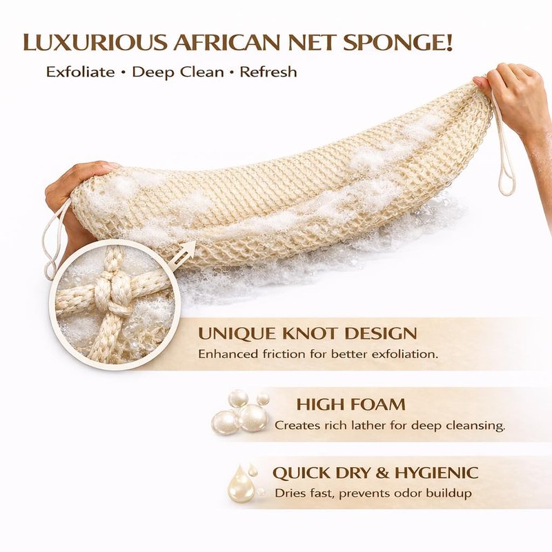 African Net Sponge Authentic, 4 Pcs Exfoliating Net Sponge for Bath, 45 Inch Long Stretch Back Scrubber for Women and Men, Exfoliating Shower Scrubber(Black+Olive Green+Pink+Champagne Gold, 4 Packs)