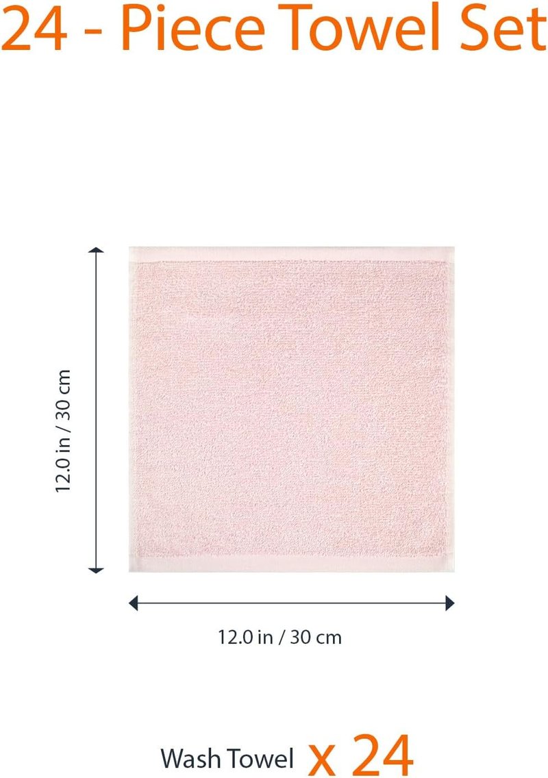 Highly Absorbent Cotton Washcloths - Fast Drying Bathroom & Face Towels | 12 x 12 Inches, Petal Pink, 24-Pack