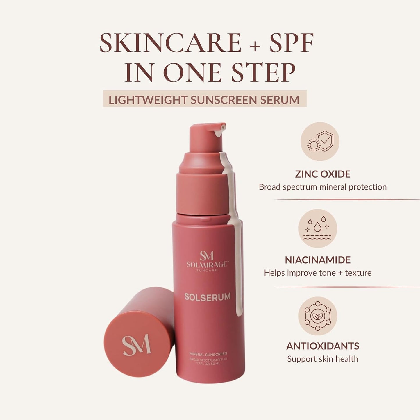 Solserum Broad Spectrum SPF 40 Mineral Sunscreen for Face – Lightweight Serum with Zinc Oxide, Hydrating, Sheer Dewy Finish, For Sensitive Skin (1.7 oz)