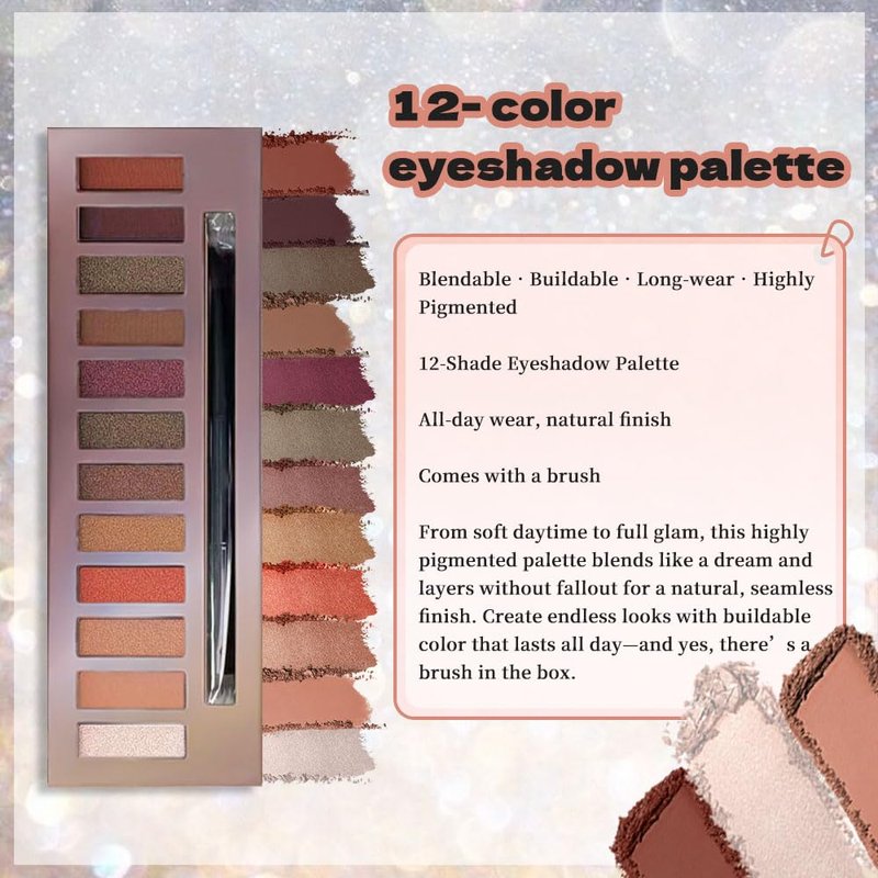12 Colors Warm Neutral Eyeshadow Palette with Mirror & Brush, Matte & Shimmer Nude Brown Eye Makeup Palette for Women Longwear, Highly Pigmented Blendable Shades for Natural & Soft Smoky Looks, Set B