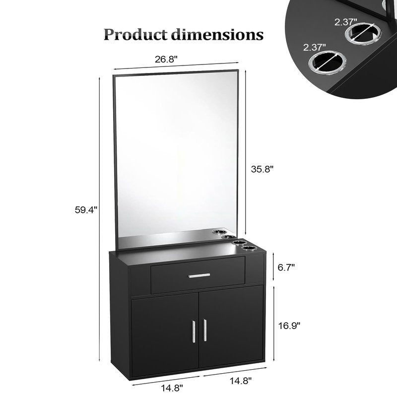 OmySalon Wall Mount Salon Station with Mirror, Hair Styling Barber Station, Beauty Salon Spa Equipment with 1 Drawer, 1 Storage Cabinet, 2 Hair Dryer Holders, Black
