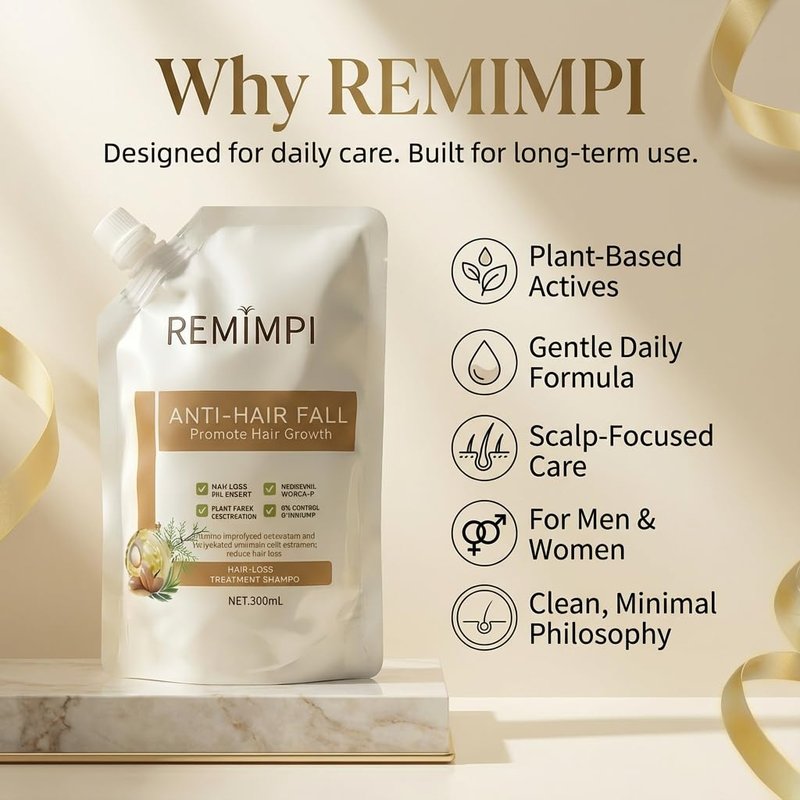 REMIMPI Herbal Anti-Fall Shampoo, Ginger & Ginseng Scalp Cleanser with Jojoba & Oat Extracts, Strengthening Formula for Thinning Hair, 300ml (2-Pack Duo Set)