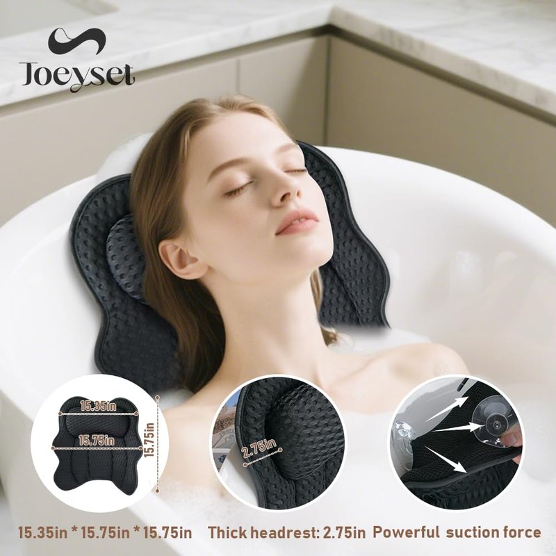 Joeyset Bath Pillow for Tub, 4D Air Mesh Breathable Fabric, Soft Supportive Bathtub Cushion for Head Neck Back, Ergonomic Spa Pillow with Strong Suction Cups, Quick-Drying, Machine Washable (White)
