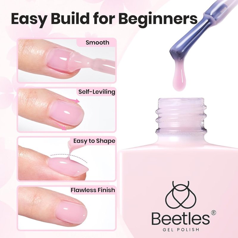 Beetles Builder Gel for Nails HEMA & TPO FREE-2 Colors Jelly Pink & White Building Gel with Nail Brush,Strengthening Nails Building Apex & Extension for Beginner DIY UV Nail Salon at Home,Soat Bloom