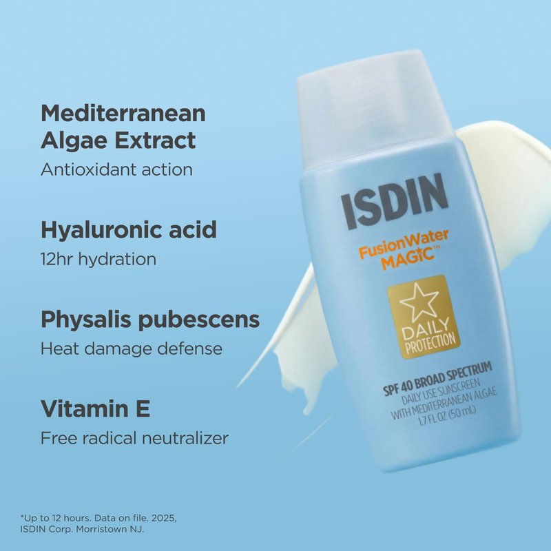 ISDIN Fusion Water MAGIC SPF 40, Lightweight Sunscreen For Face with Hyaluronic Acid and Vitamin E, Ideal for Daily Use, Dermatologist Recommended, Fast Absorbing and Non-Comedogenic, 1.7 Fl Oz