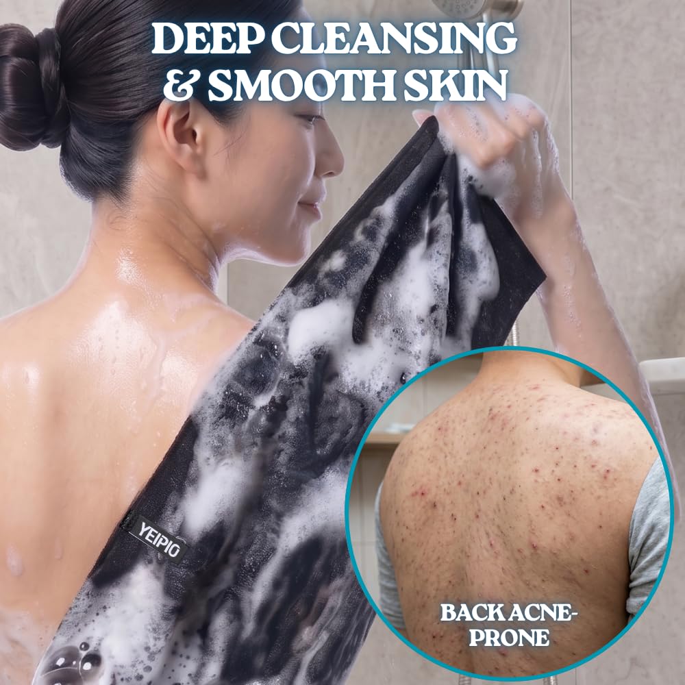 YEIPIO Premium Exfoliating Shower Towel - Extra Long Back Scrubber for Shower, Deep-Cleansing Body Scrubber Washcloth for Smooth Skin, Back Acne-Prone & Rough Skin, Quick-Drying Nylon Mesh