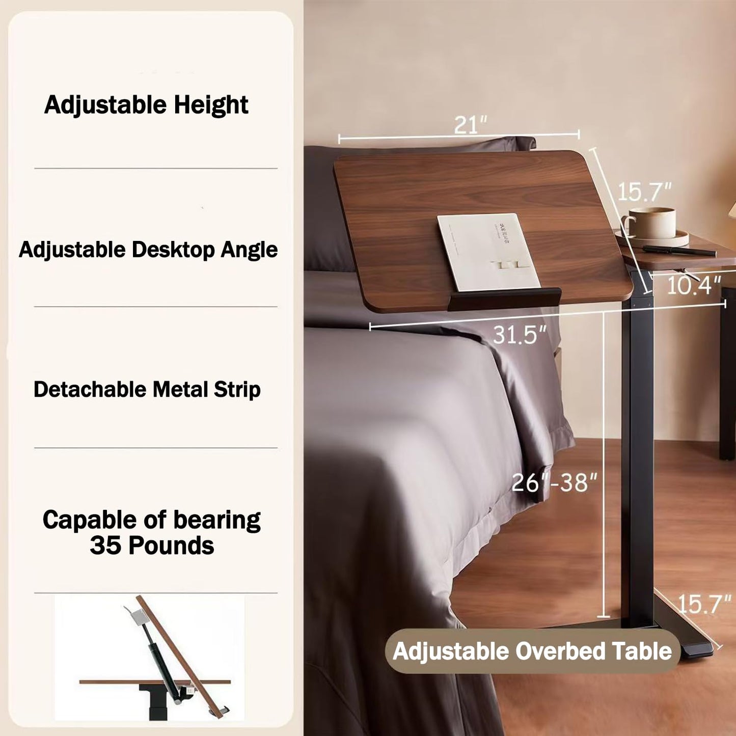 WSLUKVII Height Adjustable Overbed Table with Hidden Wheels, Medical Bedside Hospital Bed Table, Rolling Laptop Standing Desk for Home, Office and Hospital Use, Walnut