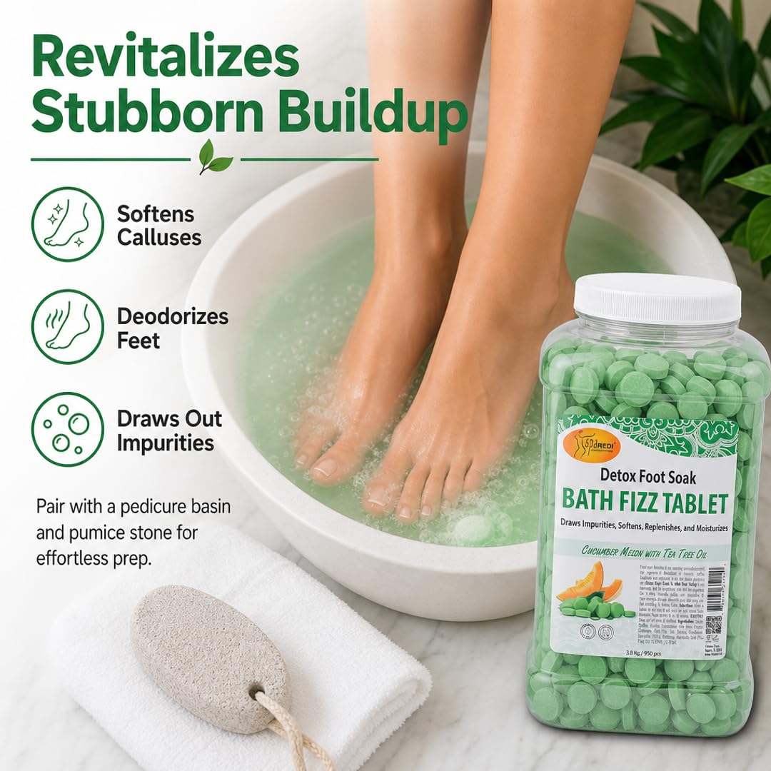 SPA REDI - Detox Foot Soak Fizz Tablets for Pedicure, Cucumber and Melon, 950 Count - Foot Bath with Tea Tree Oil, Aromatherapeutic, Draws Impurities, Softens, Replenishes and Moisturizes