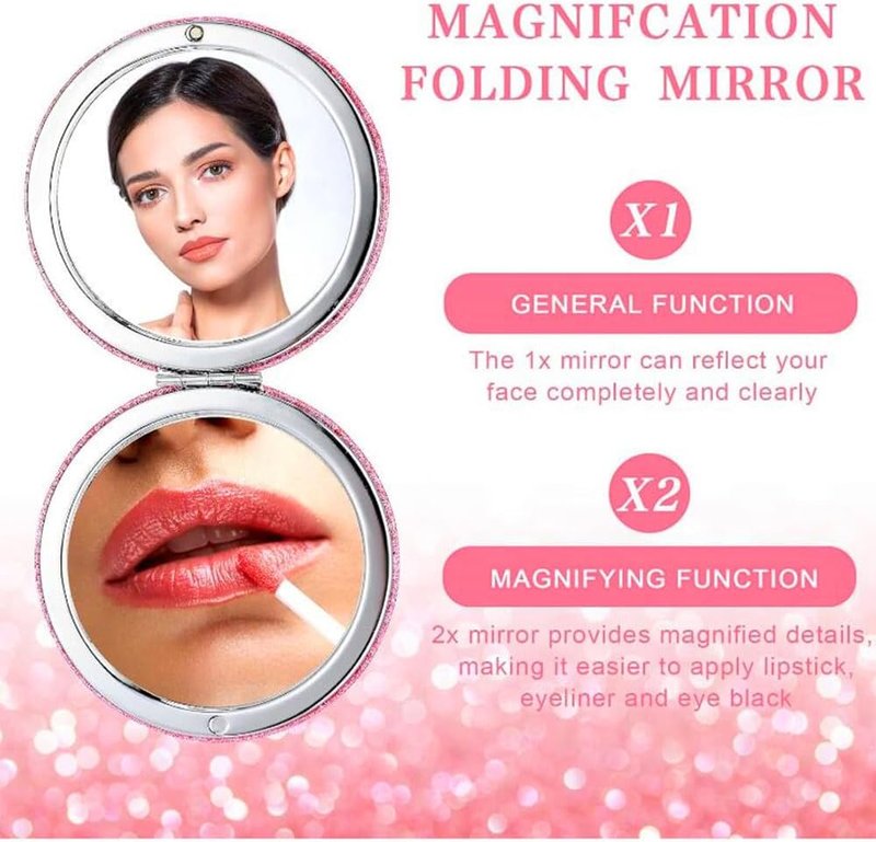 Compact Pink Makeup Mirror - Portable 2x Magnification with Glitter | Travel Essential for Women