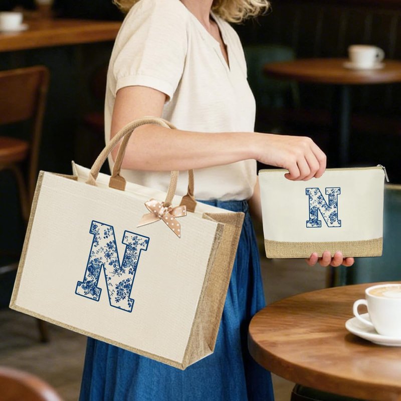 Monogrammed Tote Bags for Women, Initial Tote Bag, Personalized Bags for Women, Personalized Birthday Wedding Gift for Womens Friends Wife Mom Brides Monogram N Bag and Makeup Pouch With Zipper